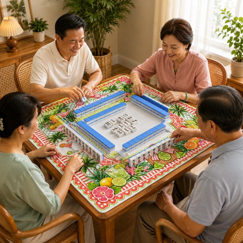 Op de afbeelding: Vier mensen spelen Mahjong aan een houten tafel. Het spel is opgezet met blauwe en witte tegels op een kleurrijke mat met fruit en tropische bladeren. De spelers glimlachen en zijn geconcentreerd.