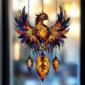 Phoenix Bird ACRYLIC Faux Stained Glass Suncatcher Window Hanging - Fire Bird Decor, Rebirth Symbol, Gift For Him, Fantasy Wall Art