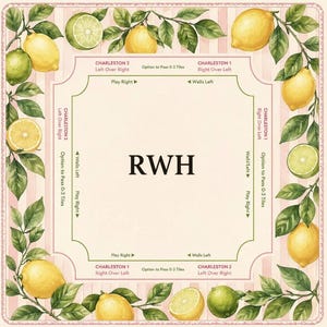 May include: A square, decorative game board with a pink and white striped background. The border is adorned with watercolor lemons and green leaves. The center features the letters "RWH" and game instructions.