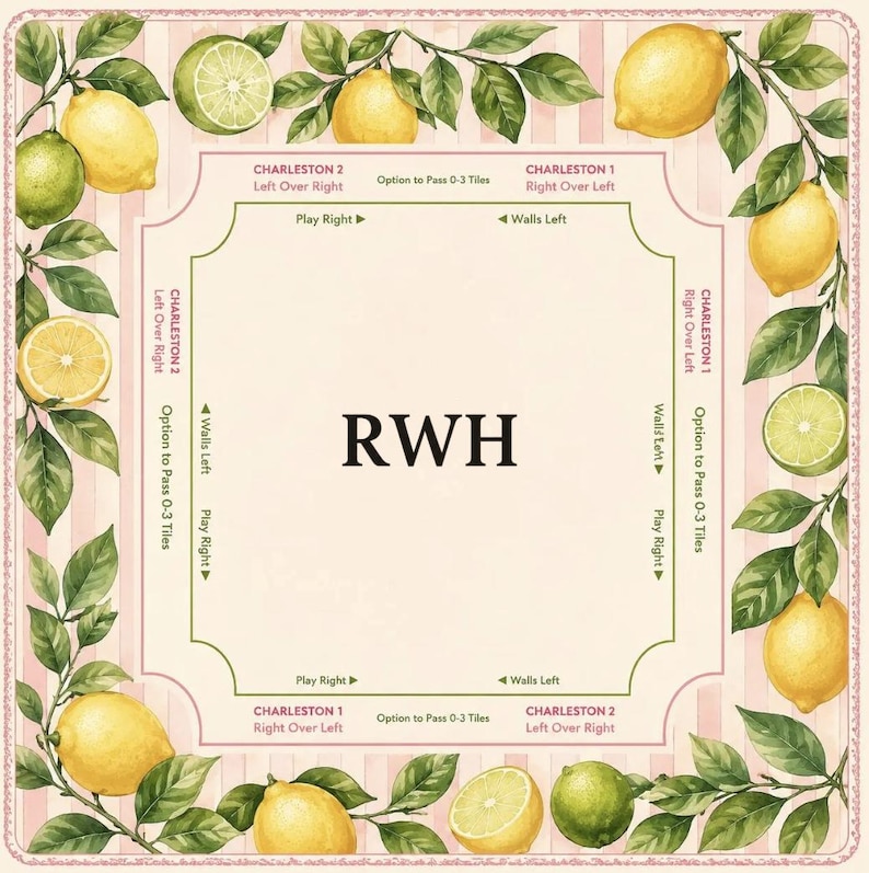 May include: A square, decorative game board with a pink and white striped background. The border is adorned with watercolor lemons and green leaves. The center features the letters "RWH" and game instructions.