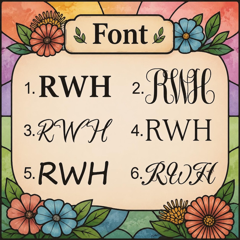 May include: A decorative image featuring the word "Font" above six different font styles. The fonts are labeled 1 through 6, with the letters "RWH" displayed in each style. The image is framed with colorful flowers and leaves.