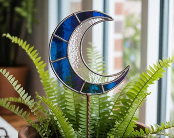 Blue Moon Stained Glass Plant Stake For Pots - Crescent Garden Decor - Celestial Plant Gift - Indoor Plant Accessories - Moon Art Gift