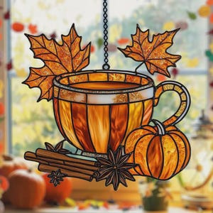 Pumpkin Spice Acrylic Suncatcher - Faux Stained Glass Tea Cup Window Hanging - Cozy Autumn Decor for Tea Lovers & Fall Gift