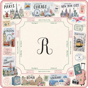May include: A decorative square travel-themed design featuring illustrations of famous landmarks from cities like Paris, London, and New York. The design includes a large letter "R" in the center, surrounded by travel stamps and a pink border.
