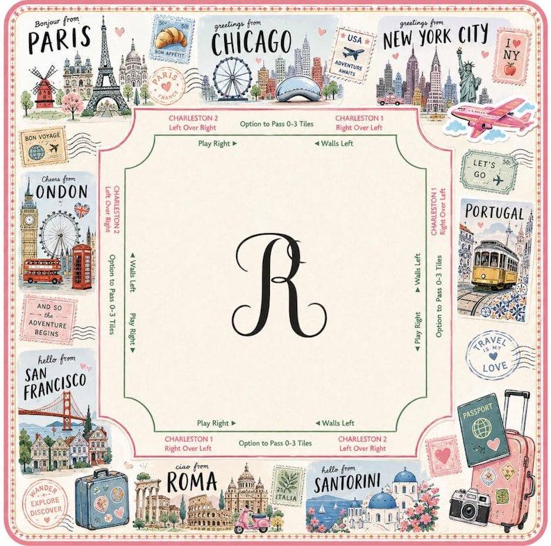 May include: A decorative square travel-themed design featuring illustrations of famous landmarks from cities like Paris, London, and New York. The design includes a large letter "R" in the center, surrounded by travel stamps and a pink border.