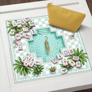 May include: A square mahjong mat featuring a light green and white checkered pool deck design with palm trees, a leopard swimming in the center, and scattered mahjong tiles with various symbols and American flags, accompanied by a solid yellow zippered pouch.