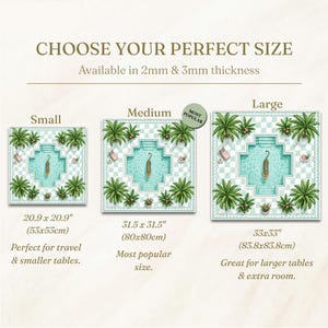 May include: A size guide for square mats featuring a swimming pool illustration with a tiger, palm trees, and checkered tiles. Three sizes are shown: 20.9 x 20.9 inches, 31.5 x 31.5 inches, and 33 x 33 inches. Text includes CHOOSE YOUR PERFECT SIZE.