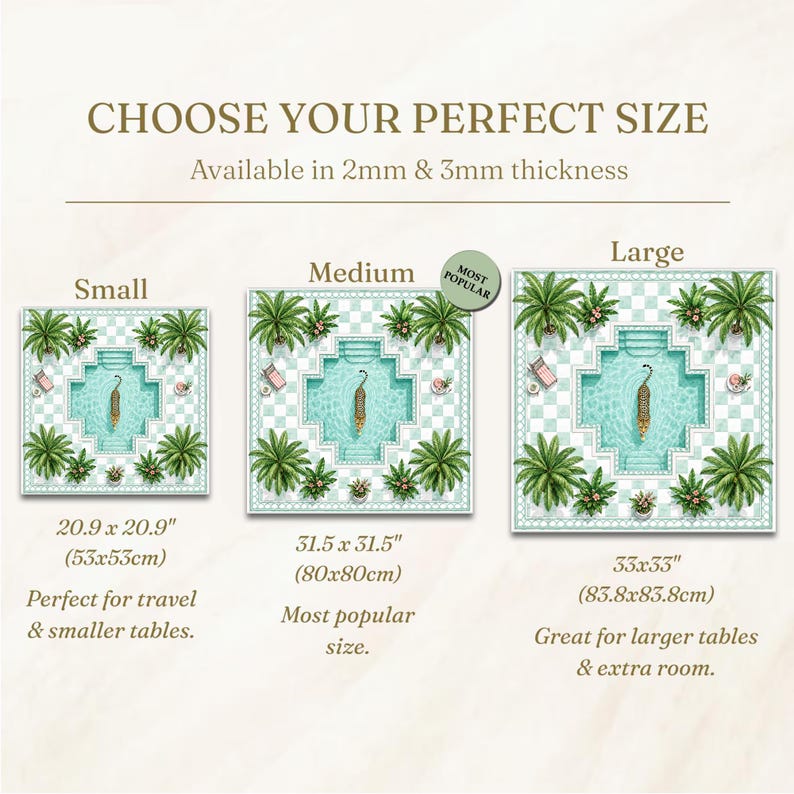 May include: A size guide for square mats featuring a swimming pool illustration with a tiger, palm trees, and checkered tiles. Three sizes are shown: 20.9 x 20.9 inches, 31.5 x 31.5 inches, and 33 x 33 inches. Text includes CHOOSE YOUR PERFECT SIZE.