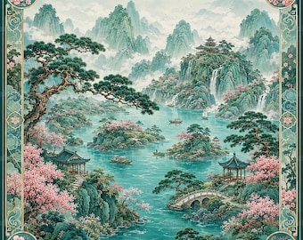 May include: A square decorative wall art print featuring a landscape of teal mountains, a river with small boats, and traditional pagodas. The scene is framed by pink cherry blossoms, pine trees, and a dark teal border with floral accents.