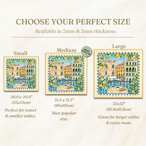 May include: Three square table mats with a watercolour painting of a European town are displayed. Sizes are Small (53x53cm), Medium (80x80cm), and Large (83.8x83.8cm). The text reads "CHOOSE YOUR PERFECT SIZE" and "Available in 2mm & 3mm thickness".