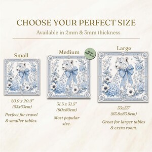 May include: A square decorative mat featuring a leopard with a blue bow surrounded by blue flowers. Text includes CHOOSE YOUR PERFECT SIZE, 2mm & 3mm thickness, Small 20.9 x 20.9 inches, Medium 31.5 x 31.5 inches, and Large 33 x 33 inches.