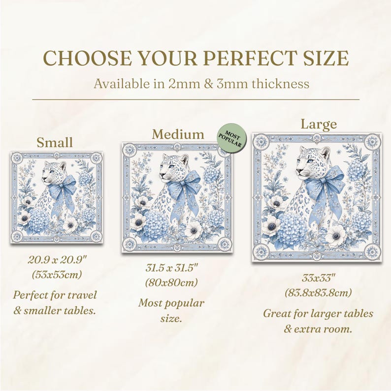 May include: A square decorative mat featuring a leopard with a blue bow surrounded by blue flowers. Text includes CHOOSE YOUR PERFECT SIZE, 2mm & 3mm thickness, Small 20.9 x 20.9 inches, Medium 31.5 x 31.5 inches, and Large 33 x 33 inches.