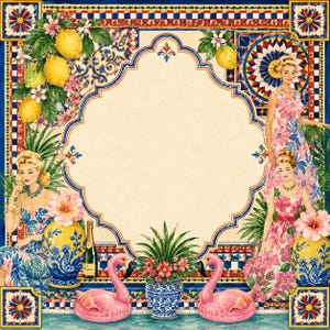 Pode incluir: Ilustra&ccedil;&atilde;o em estilo vintage com mulheres em vestidos florais, lim&otilde;es e flamingos cor-de-rosa. A obra de arte tem um tema mediterr&acirc;nico, com vasos de cer&acirc;mica azuis e brancos e uma moldura decorativa. A paleta de cores inclui azul, amarelo, rosa e verde.