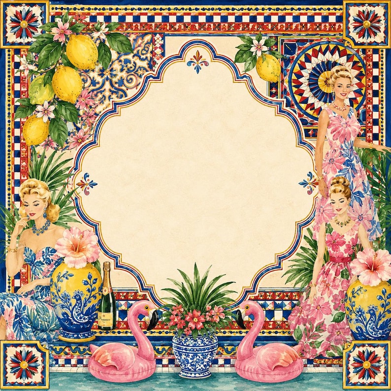 Pode incluir: Ilustra&ccedil;&atilde;o em estilo vintage com mulheres em vestidos florais, lim&otilde;es e flamingos cor-de-rosa. A obra de arte tem um tema mediterr&acirc;nico, com vasos de cer&acirc;mica azuis e brancos e uma moldura decorativa. A paleta de cores inclui azul, amarelo, rosa e verde.