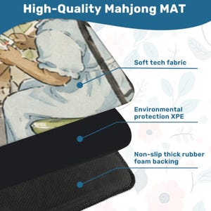 May include: A multi-layered Mahjong mat featuring a top layer of soft tech fabric with a printed illustration, a middle layer of environmental protection XPE, and a bottom layer of non-slip thick rubber foam backing with a textured surface.