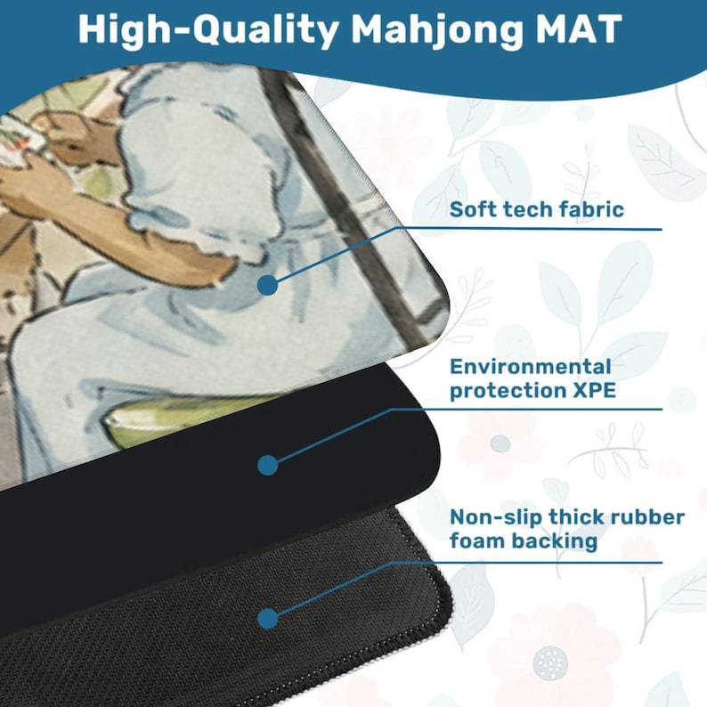 May include: A multi-layered Mahjong mat featuring a top layer of soft tech fabric with a printed illustration, a middle layer of environmental protection XPE, and a bottom layer of non-slip thick rubber foam backing with a textured surface.