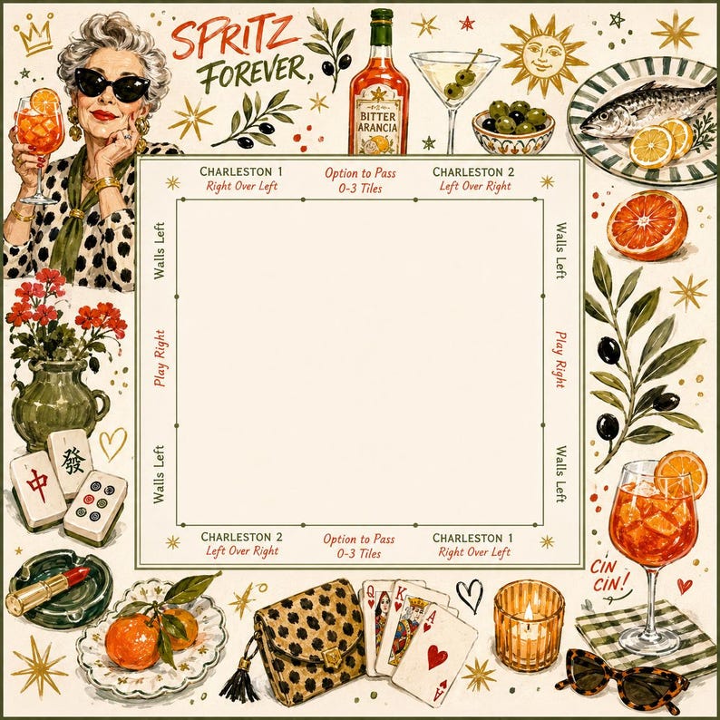 Puede incluir: Un tapete de juego cuadrado con un &aacute;rea central blanca rodeada de ilustraciones de una persona con gafas de sol, una botella de Bitter Arancia, un martini, aceitunas, un pescado, c&iacute;tricos, fichas de mahjong, un bolso de leopardo y cartas.