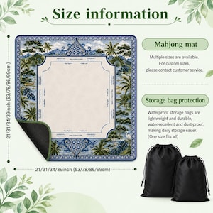 May include: A square Mahjong mat with a blue and white landscape design, available in multiple sizes, including 21, 31, 34, and 39 inches. Includes two black drawstring storage bags for protection. The mat has a decorative border and text.
