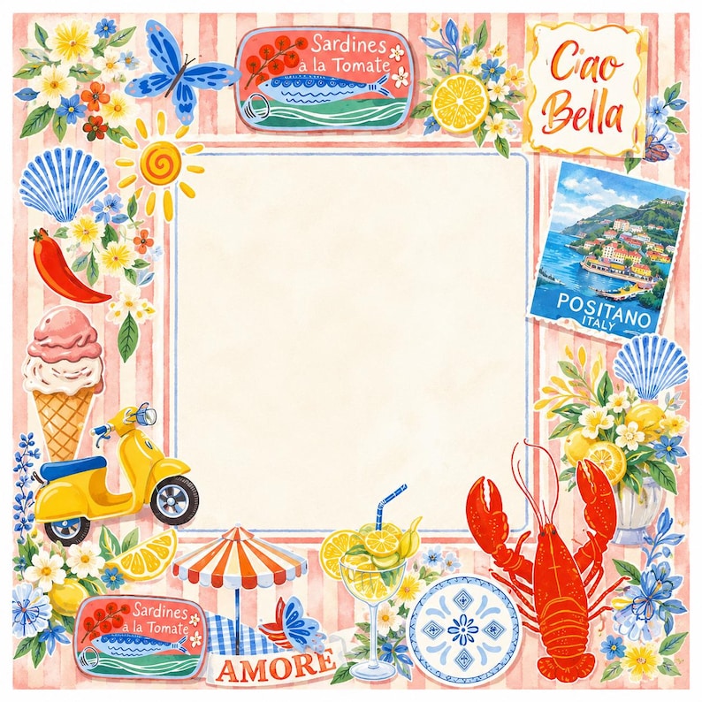 May include: A colorful Italian-themed illustration with a central blank space, surrounded by various elements. These include a yellow scooter, ice cream cone, lobster, and sardines. The image features the words "Ciao Bella", "Amore", and "Positano Italy".