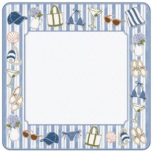 Peut inclure: Illustration carrée avec une bordure à rayures bleues et blanches. La bordure contient diverses icônes sur le thème de la plage, notamment une casquette de baseball, des lunettes de soleil, un bikini, un sac à main et un verre à martini. Un cadre blanc est au centre.