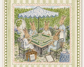 May include: Square decorative mat featuring a whimsical illustration of rabbits playing mahjong in a garden setting. The scene includes a table, chairs, and a server, all under a blue and white umbrella. The mat has a green and white striped border.