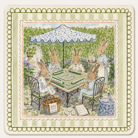 Bunny Mahjong Mat, Cottagecore Rabbit Garden Game Table Cover, Spring Party Decor