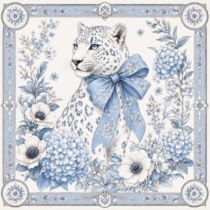 May include: A square decorative print featuring a white leopard with blue spots, wearing a large blue floral-patterned bow around its neck. The leopard is surrounded by blue hydrangea and anemone flowers, all framed by a detailed blue and white border.
