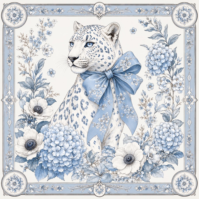 May include: A square decorative print featuring a white leopard with blue spots, wearing a large blue floral-patterned bow around its neck. The leopard is surrounded by blue hydrangea and anemone flowers, all framed by a detailed blue and white border.