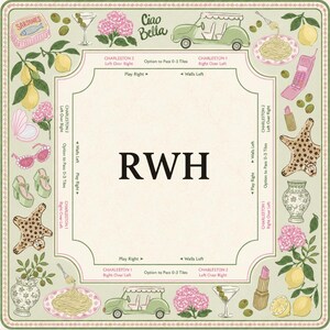 Pu&ograve; includere: Un gioco da tavolo quadrato decorativo con un bordo verde chiaro e un design centrale con le lettere "RWH". Il bordo include illustrazioni di cibo, bevande e accessori, come limoni, olive e un'auto d'epoca. &Egrave; presente anche il testo "Ciao Bella".