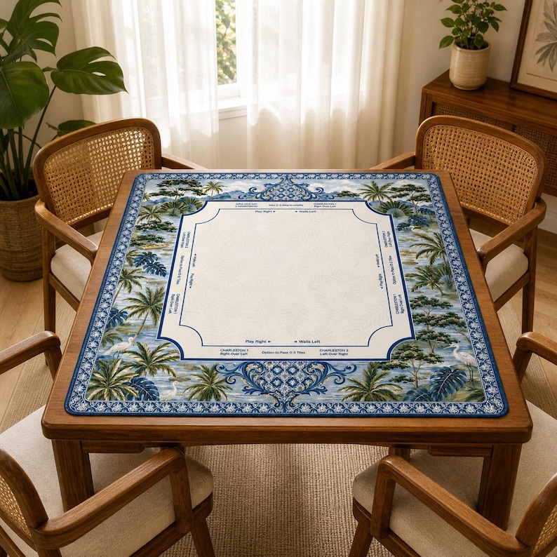 May include: A square wooden table with a decorative mat featuring a tropical landscape design in blue and white. The mat has a central cream-colored area with text, surrounded by palm trees and ocean scenes. Four wooden chairs surround the table.