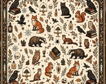 May include: A square textile print featuring a repeating pattern of woodland animals including foxes, badgers, squirrels, owls, and ravens, interspersed with skulls, mushrooms in glass domes, potion bottles, books, and autumn leaves on a cream background.