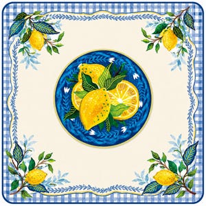 May include: A square, decorative cloth with a blue and white gingham border. The center features a blue plate with lemons and green leaves. Lemon branches with yellow fruit and green leaves are in each corner.
