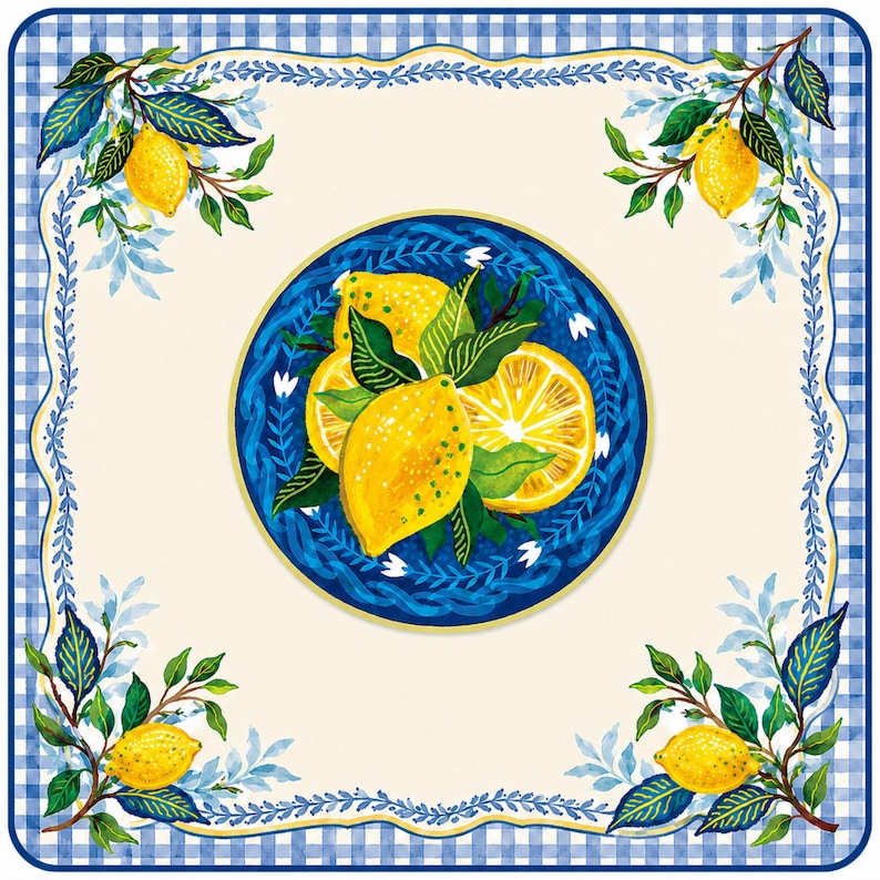 May include: A square, decorative cloth with a blue and white gingham border. The center features a blue plate with lemons and green leaves. Lemon branches with yellow fruit and green leaves are in each corner.