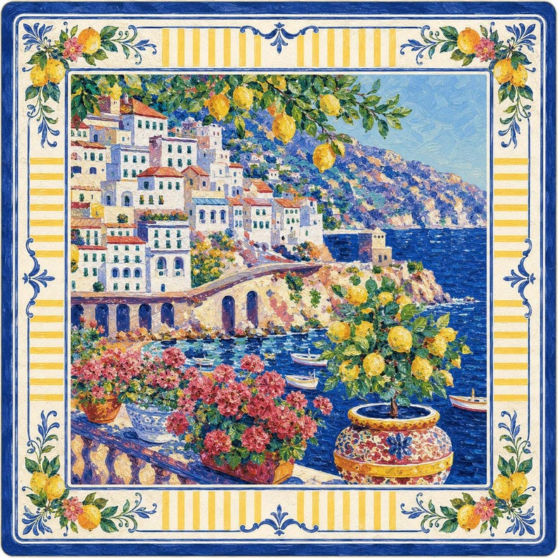 Puede incluir: Impresi&oacute;n art&iacute;stica cuadrada que representa un pueblo costero italiano con edificios blancos, un puente y el mar. El borde tiene un dise&ntilde;o azul y amarillo con limones y acentos florales. Hay macetas con flores rosas y un limonero en primer plano.