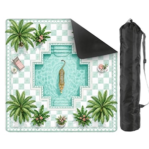 May include: A square outdoor mat featuring a top-down view of a swimming pool with a leopard swimming in the center, surrounded by palm trees, lounge chairs, and a checkered tile border. The mat has a black underside and includes a black carry bag.