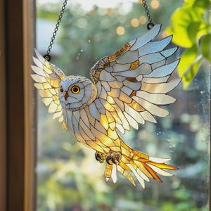 Flying Owl Acrylic Suncatcher, Snowy Owl Faux Stained Glass Window Hanging, Bird Lover Gift Home Decor