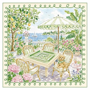 May include: Watercolor illustration of a serene outdoor scene with a mahjong table set for play. The scene includes a dog, chairs, an umbrella, and a view of the sea. The color palette is soft, with greens, pinks, and yellows.