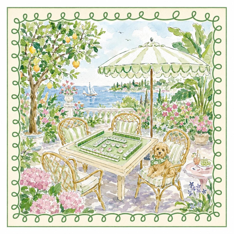 May include: Watercolor illustration of a serene outdoor scene with a mahjong table set for play. The scene includes a dog, chairs, an umbrella, and a view of the sea. The color palette is soft, with greens, pinks, and yellows.