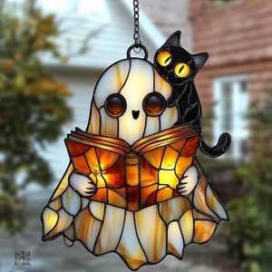 Ghost And Cat Acrylic Suncatcher Window Hanging - Faux Stained Glass Halloween Decor With Cute Book-Loving Spirit For Spooky Autumn Gift