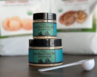 Mezcla de hongos cola de pavo y melena de león. Ingredientes de alta calidad aptos para consumo humano. Mezcla específica para beneficiar la salud de tu perro.