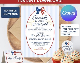 Editable 4th of July Invitation: Sparks After Sunset, Canva Template (Digital Download)