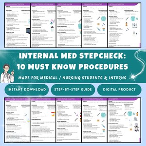 May include: A digital product with medical procedure guides. The image features detailed step-by-step instructions for medical students and interns. The title reads "Internal Med Stepcheck: 10 Must Know Procedures". Includes "Instant Download" and "Step-by-Step Guide" text.
