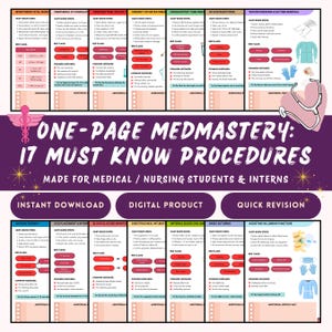 May include: A digital download titled "ONE-PAGE MEDMASTERY: 17 MUST KNOW PROCEDURES" for medical and nursing students and interns. The guide includes sections on monitoring vital signs, IV cannulation, and wound dressing. The design is purple, white, and pink.