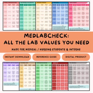 May include: A reference guide titled "MEDLABCHECK: ALL THE LAB VALUES YOU NEED" for medical and nursing students and interns. The guide is a digital product and instant download. It features color-coded charts with medical information.