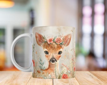 Baby Deer Mug Wrap PNG | Cute Fawn with Flower Crown | Woodland Watercolor Animal Sublimation 11oz & 15oz