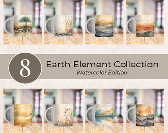 Earth Element Collection – Ground & Grow Mug Wrap Set – 8 Watercolor Earth Tones Digital Designs for Sublimation – Boho Nature Calm Art