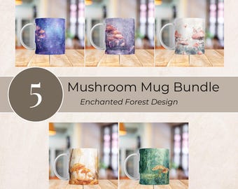 Enchanted Forest Mushroom Mug Bundle PNG | 5 Watercolor Fungi Wraps | Boho Woodland Sublimation 11oz & 15oz