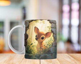 Fawn Cracked Wall Kids Mug PNG | Cute Woodland Deer Cup Wrap | Forest Animal Children Sublimation 11oz & 15oz