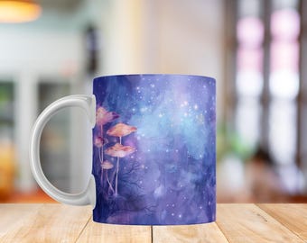 Moonlit Mushroom Mug PNG | Lunar Forest Cup Wrap | Boho Night Mushroom Sublimation Art 11oz & 15oz