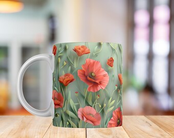Red Poppy Mug Wrap PNG | Wildflower Floral Coffee Cup | 3D Red Poppies Botanical Sublimation 11oz & 15oz